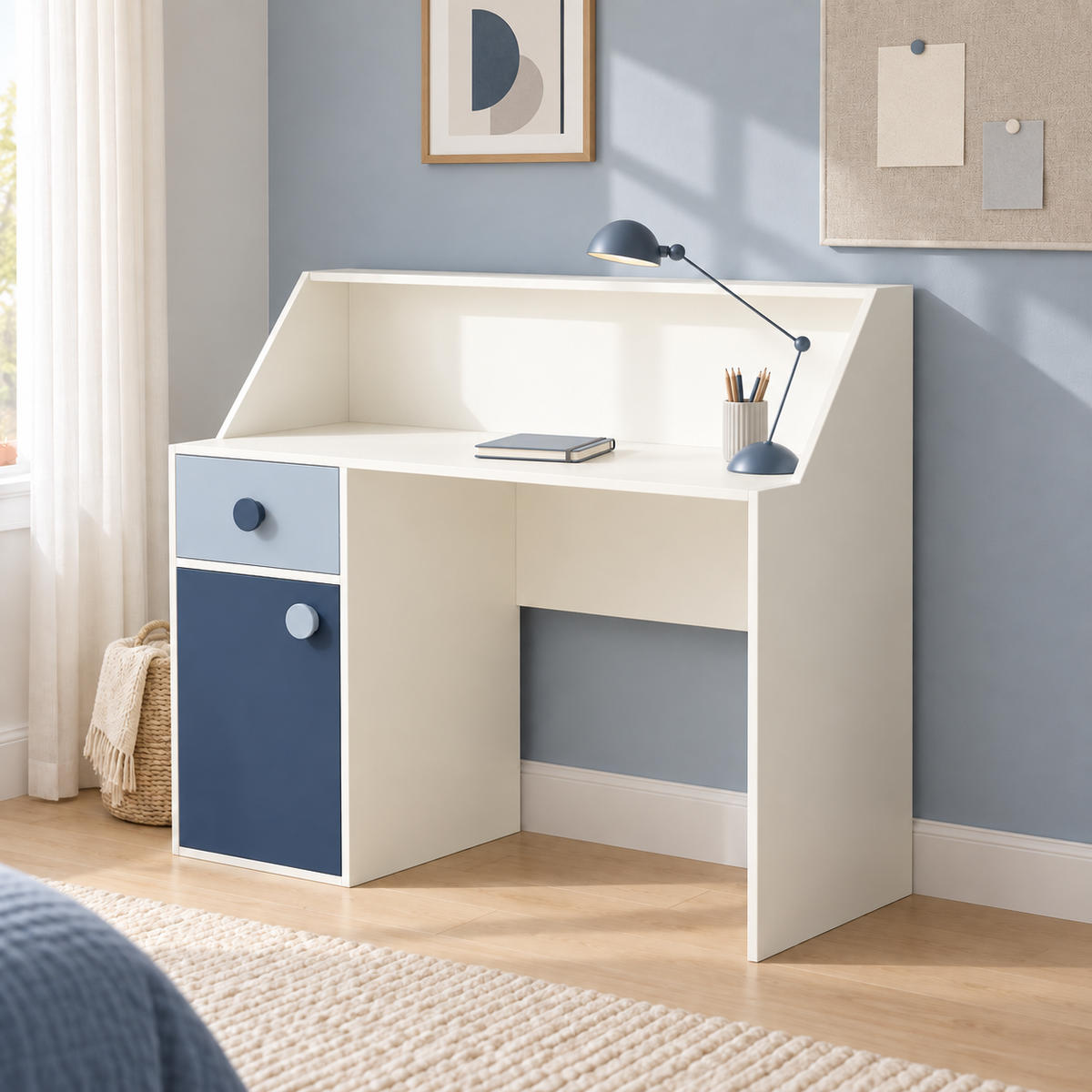 Blue and white kids study table with drawer and storage cabinet