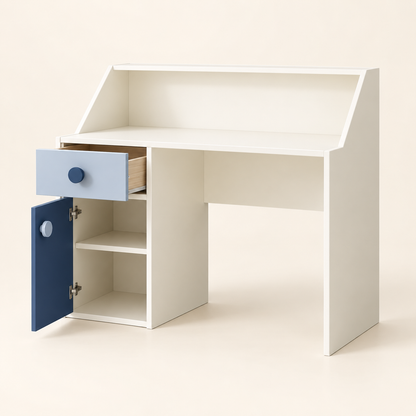 Kids study table showing open drawer and two fixed cabinet shelves