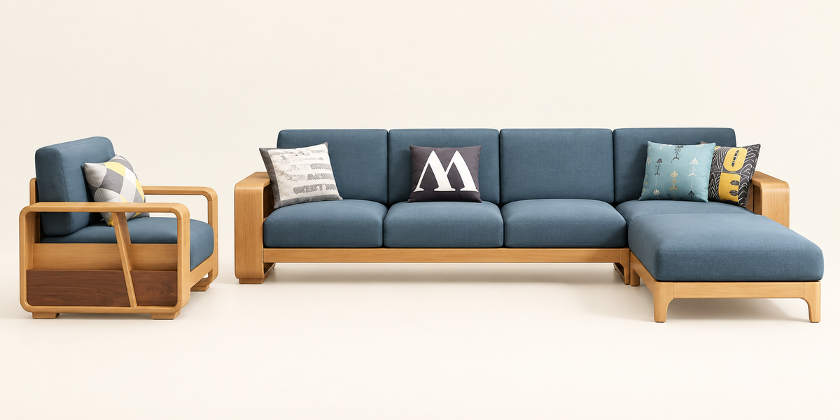Blue Suede Teak Wood L-Shaped Sofa Set with Armchair — front studio view