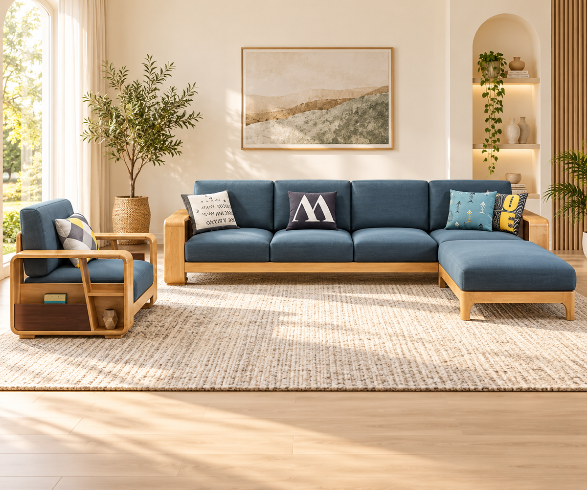 Blue Suede Teak Wood L-Shaped Sofa Set with Armchair — lifestyle living room arrangement