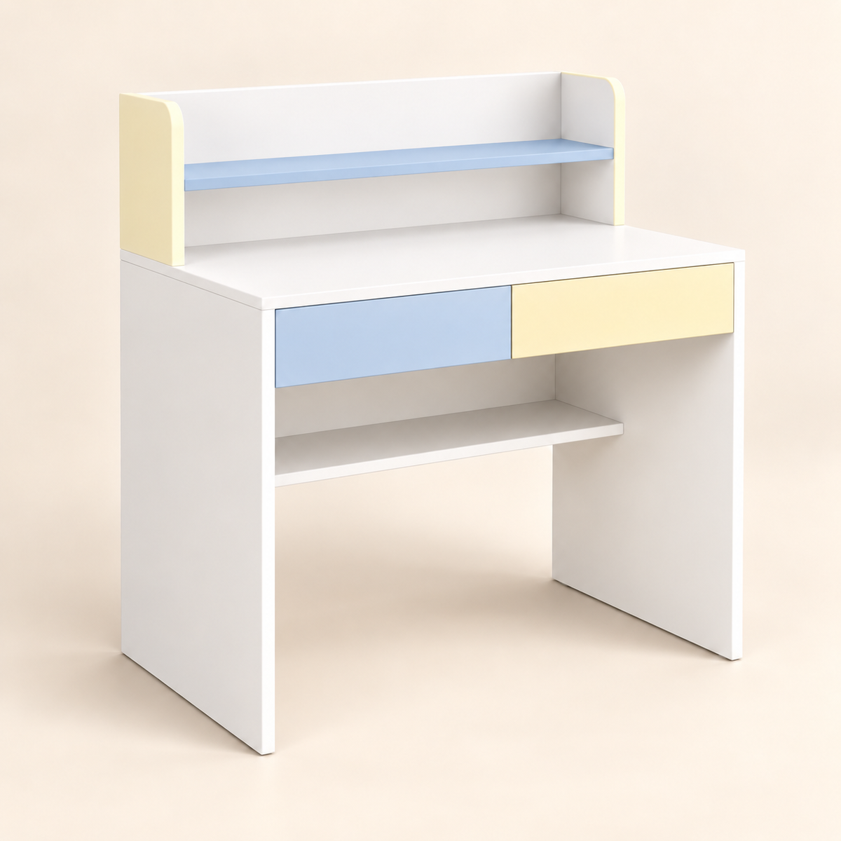 Compact kids study table in powder blue, pale butter yellow and warm white