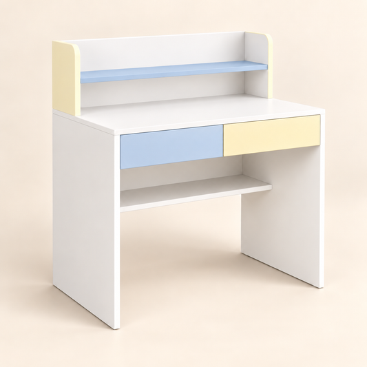 Compact kids study table in powder blue, pale butter yellow and warm white