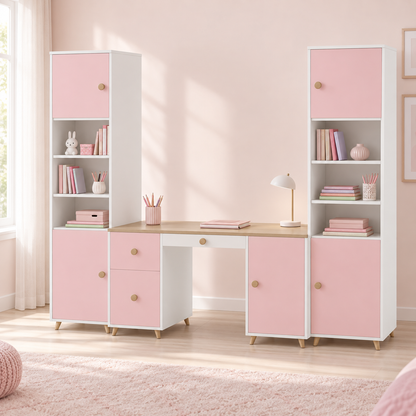 Blush pink kids study table with integrated bookshelf