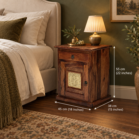 Brass Inlay Bedside Table with Cabinet dimensions: 45 cm W × 38 cm D × 55 cm H