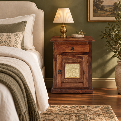 Brass Inlay Bedside Table with Cabinet styled beside a bed