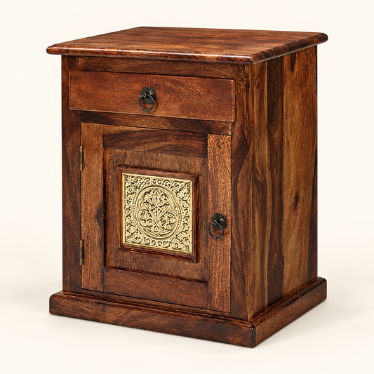Brass Inlay Bedside Table with Cabinet clean studio view with storage closed