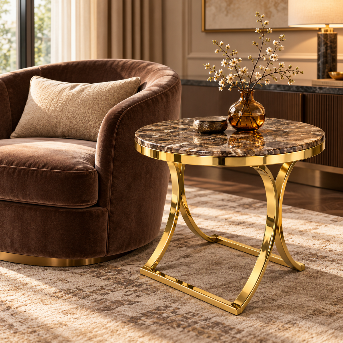 Brown Marble Gold PVD Side Table - living room lifestyle view
