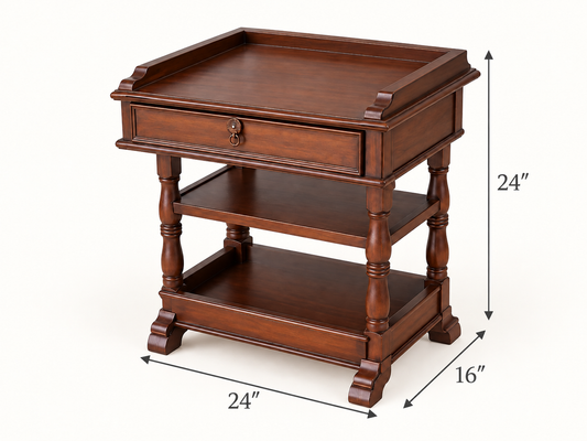 Classic Two-Drawer Brown Wooden Bedside Table — dimension diagram; 24 in L × 16 in D × 24 in H