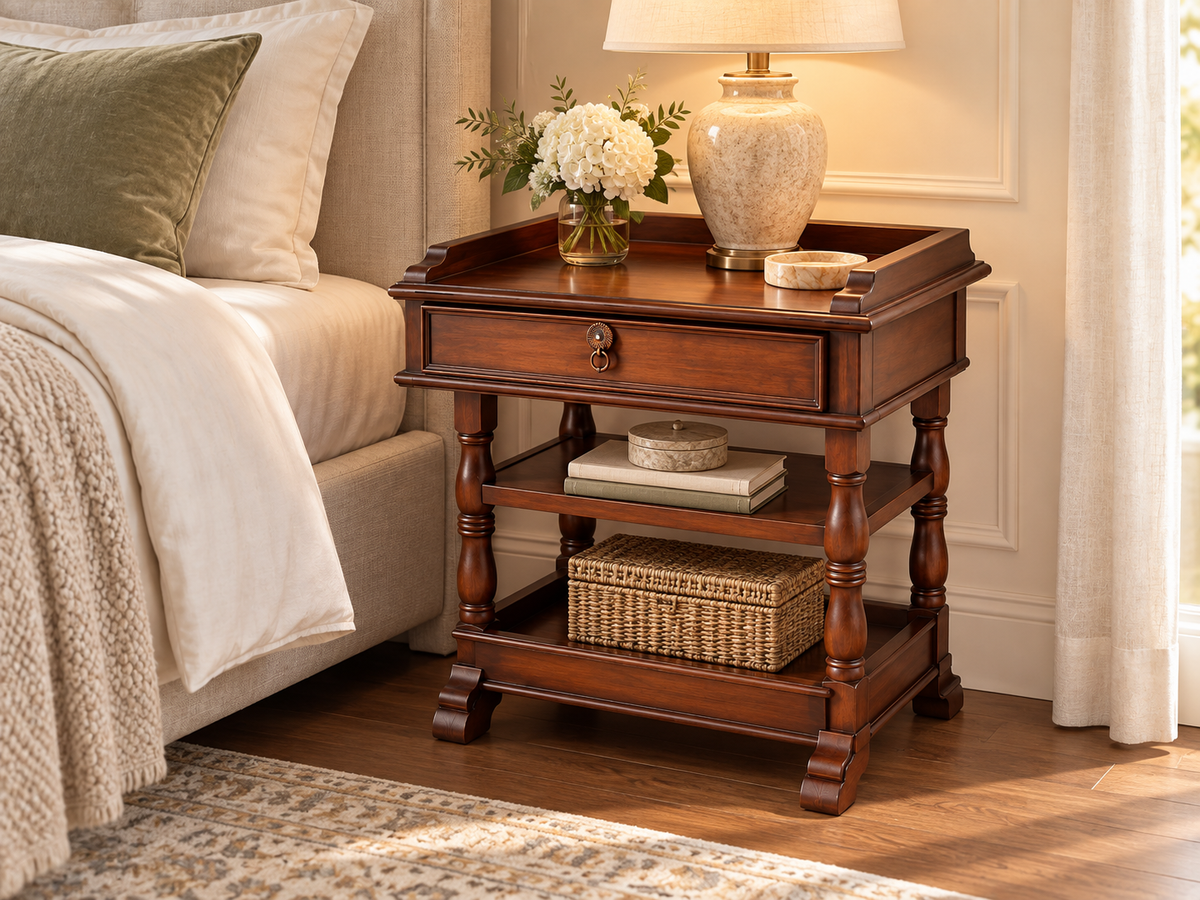 Classic Two-Drawer Brown Wooden Bedside Table — styled room