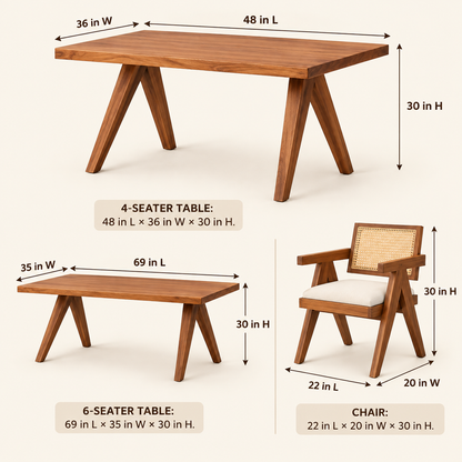 Cane-Back Trestle Dining Set dimension guide showing table and chair measurements.