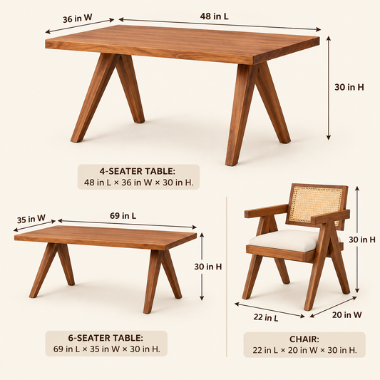 Cane-Back Trestle Dining Set dimension guide showing table and chair measurements.