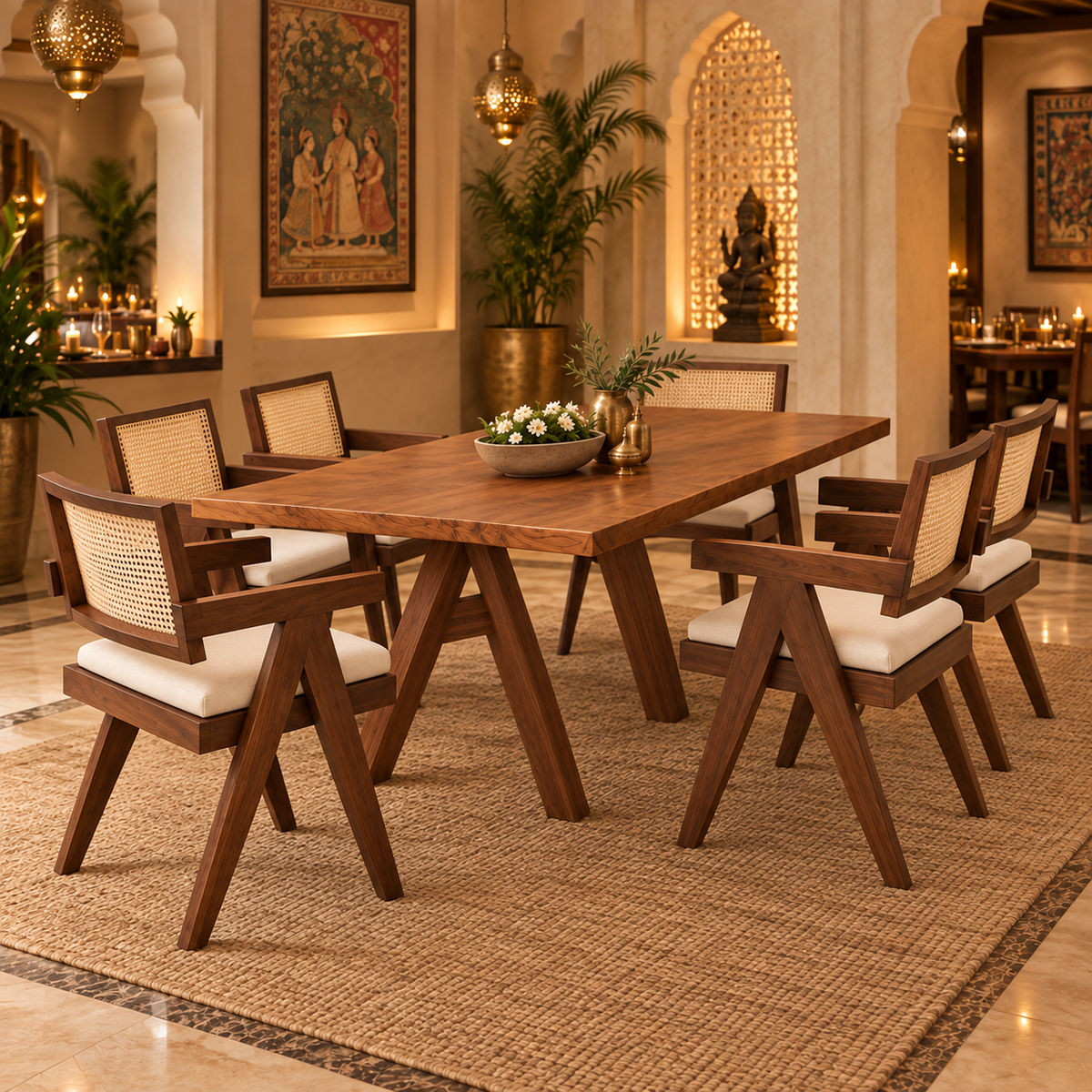 A rectangular wooden dining table with six matching armchairs in a warm, bohemian-style dining room. The chairs feature woven cane backs and cream-colored seat cushions.