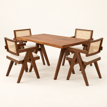 Cane-Back Trestle Dining Set complete dining set on a clean studio background.