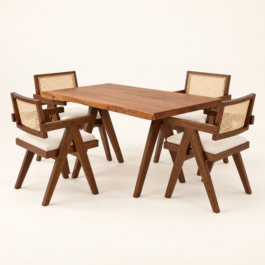 Cane-Back Trestle Dining Set complete dining set on a clean studio background.