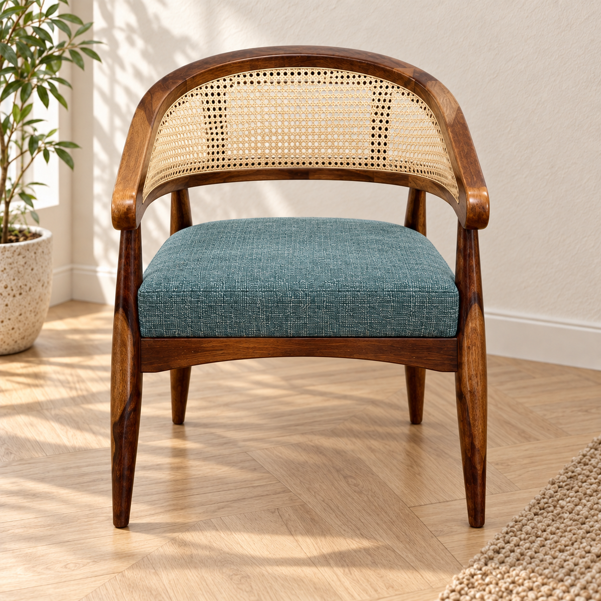 Cane-Back Wooden Armchair with Teal Seat, front view in a styled lifestyle setting.