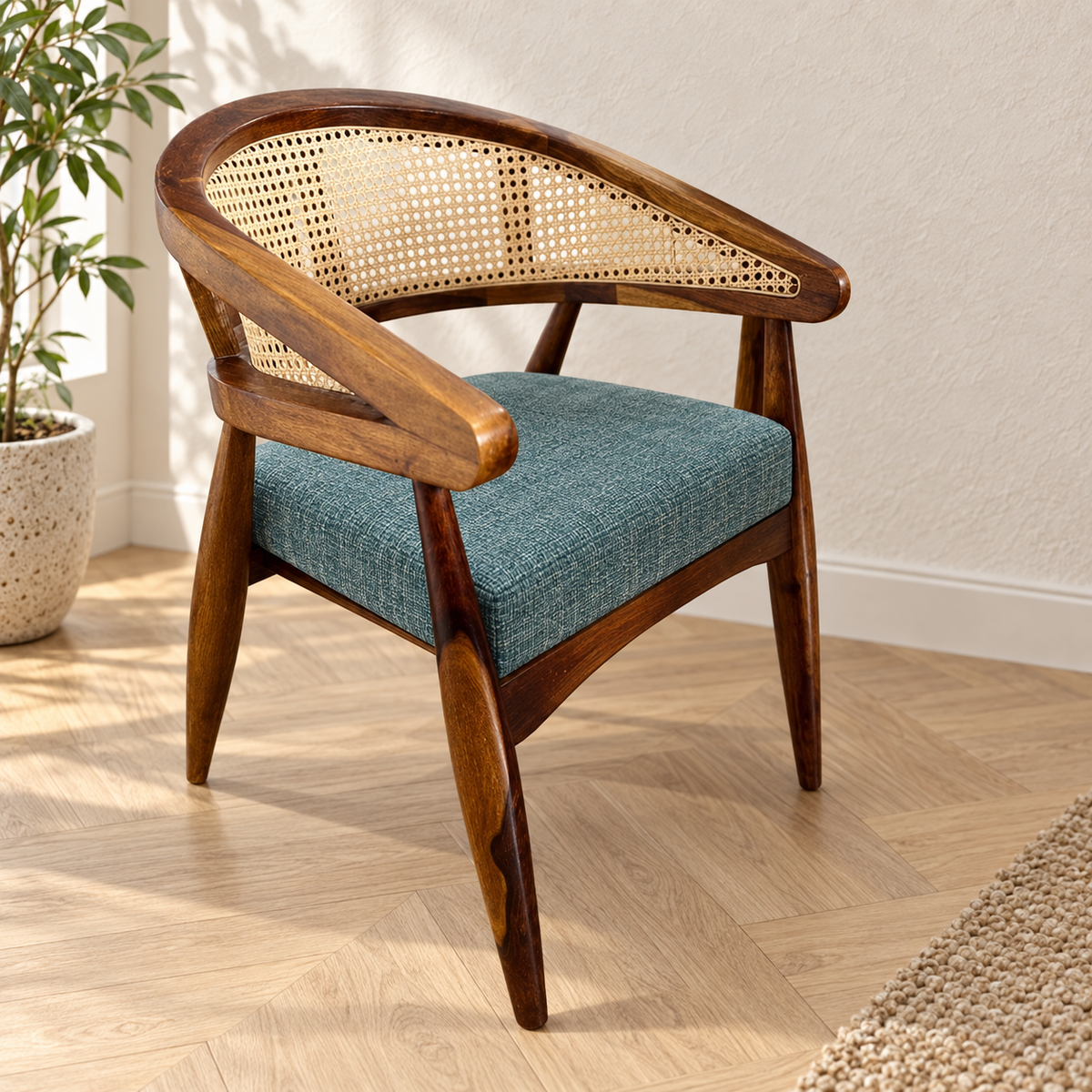 Cane-Back Wooden Armchair with Teal Seat, side view in a styled lifestyle setting.