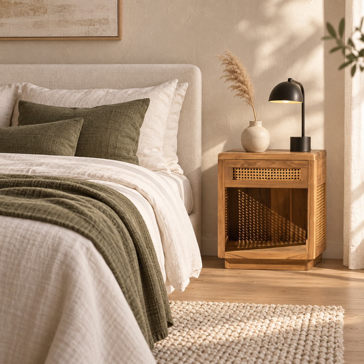 Cane Bedside Table with Open Shelf styled beside a bed