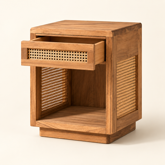 Cane Bedside Table with Open Shelf studio view showing the open drawers