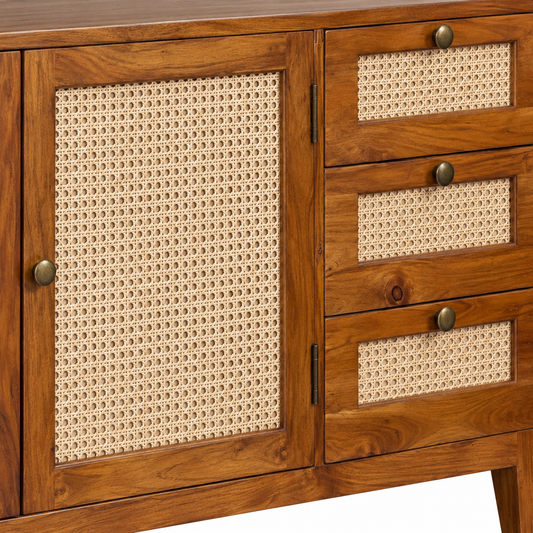 Cane Door and Drawer Wooden Sideboard in honey brown finish – material and detail close-up