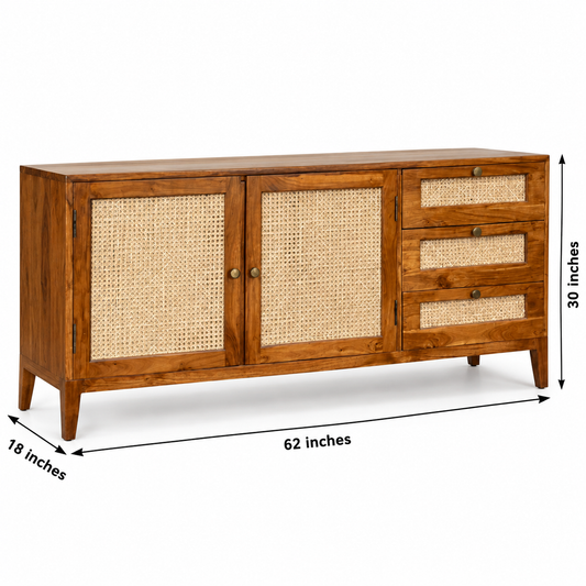 Cane Door and Drawer Wooden Sideboard in honey brown finish – dimensions 62 × 18 × 30 inches, width × depth × height