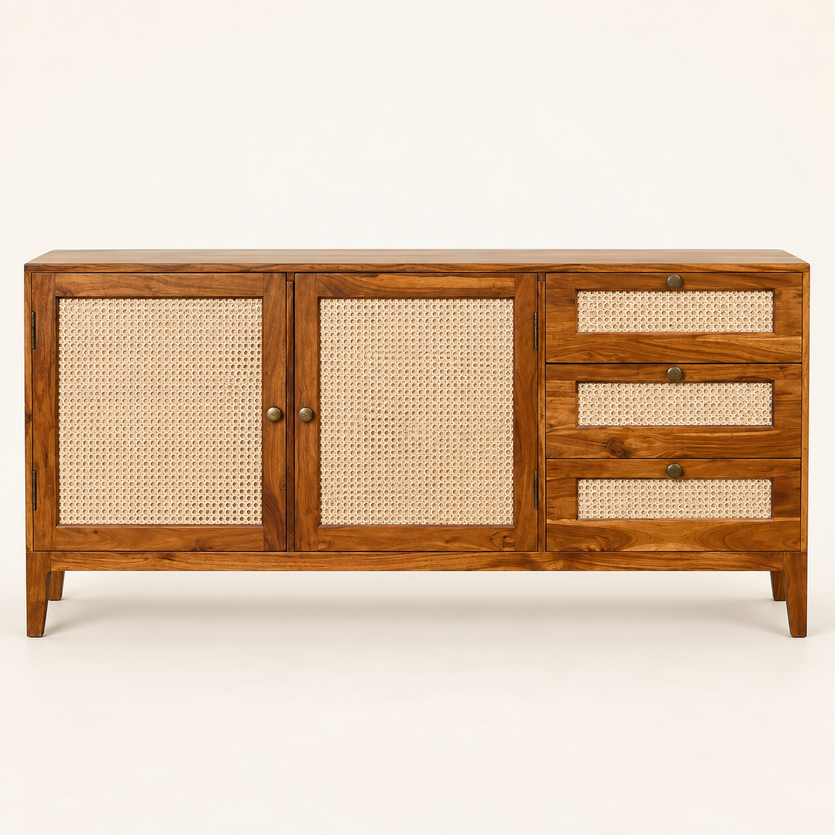 Cane Door and Drawer Wooden Sideboard in honey brown finish – front studio view