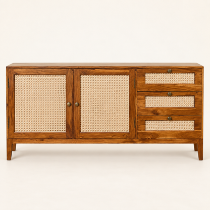 Cane Door and Drawer Wooden Sideboard in honey brown finish – front studio view