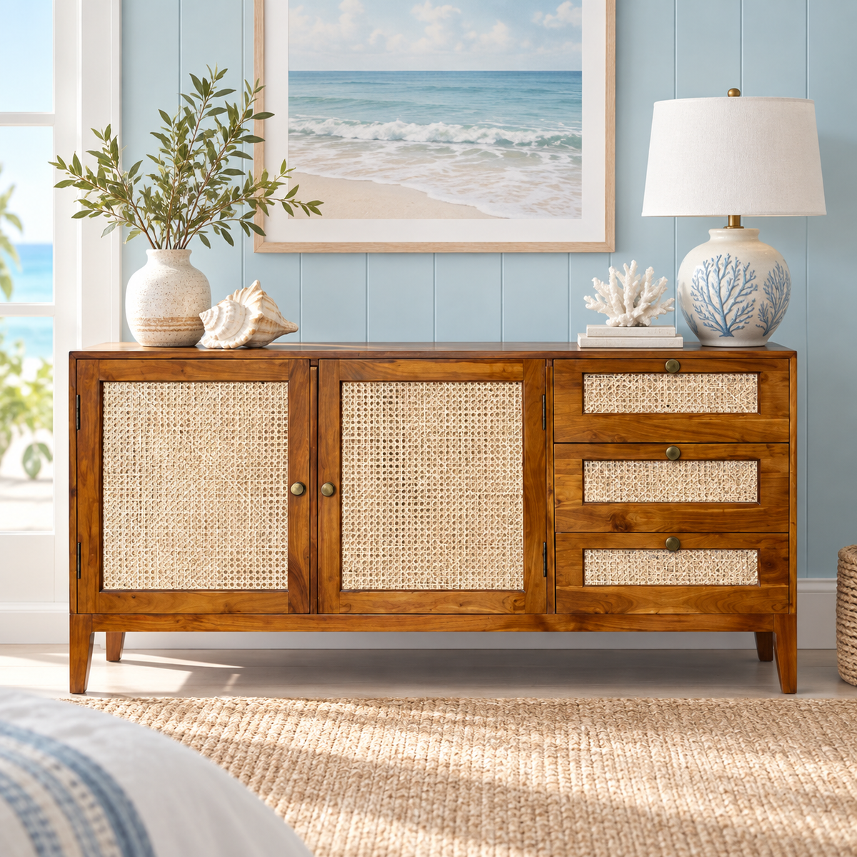Cane Door and Drawer Wooden Sideboard in honey brown finish – lifestyle setting