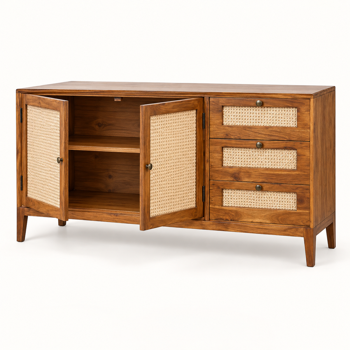 Cane Door and Drawer Wooden Sideboard in honey brown finish – angled side studio view