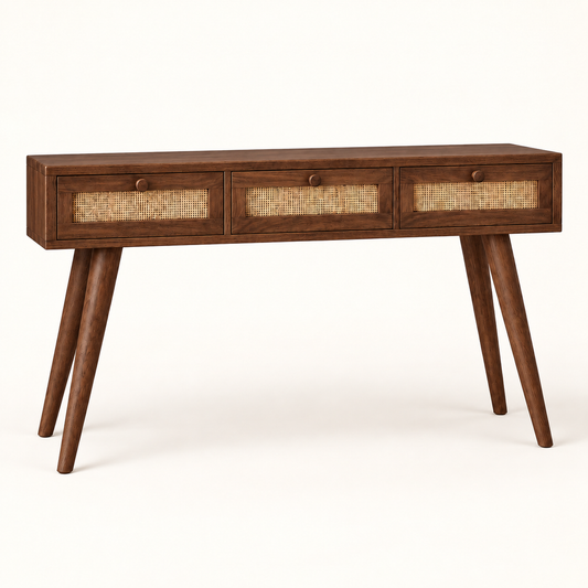 Cane Front Wooden Console Table in alternate Walnut finish
