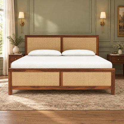 Cane Panel Headboard Storage Bed in a bedroom, front view
