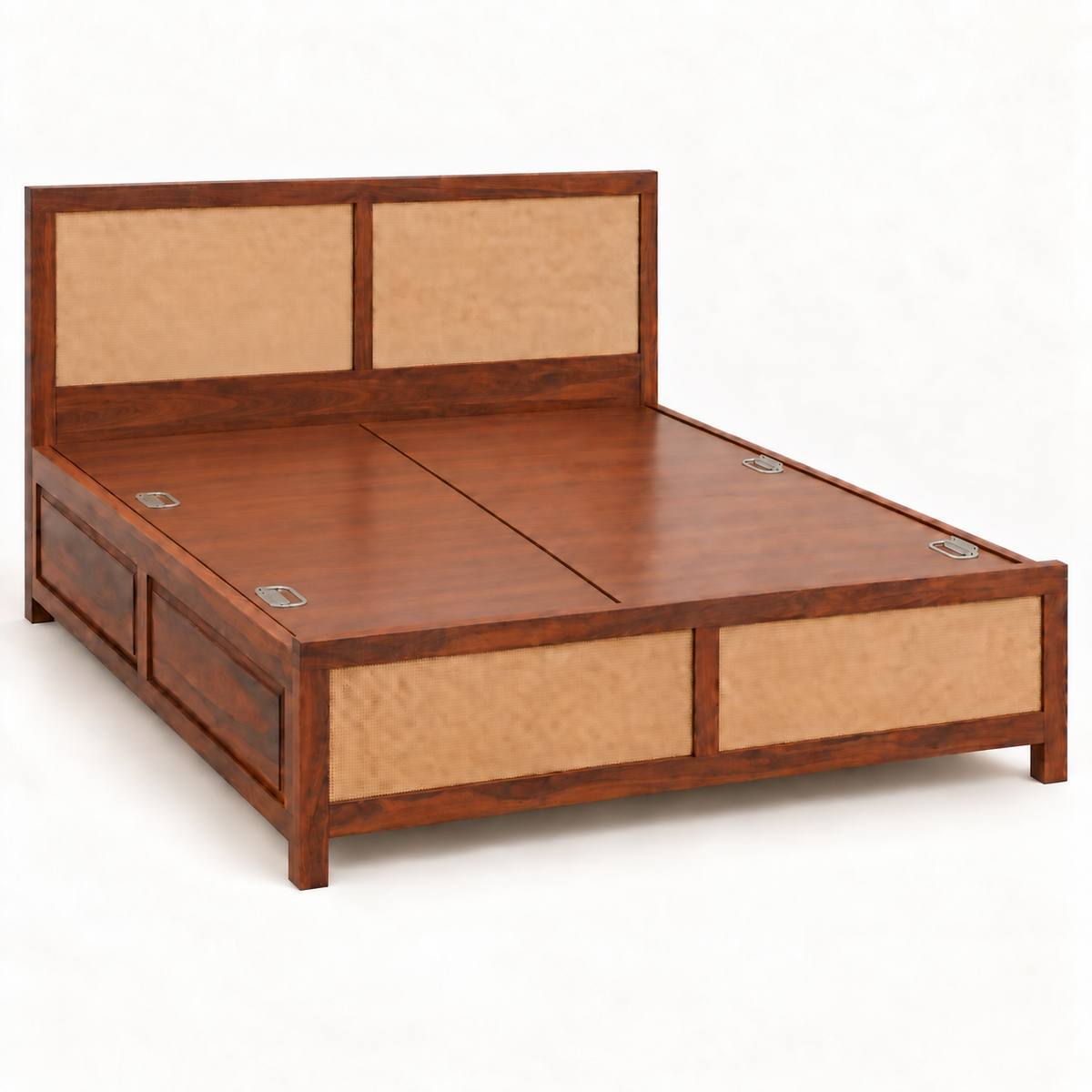 A modern wooden platform bed with a warm reddish-brown finish and natural woven cane panels on the headboard and footboard, shown on a clean white background.