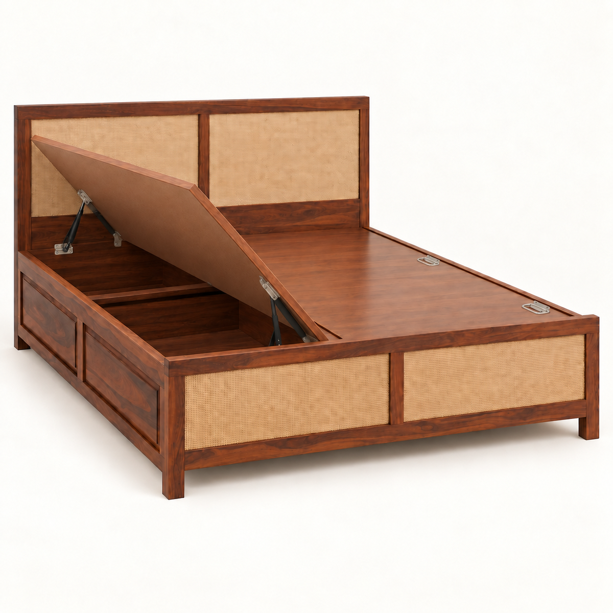 A modern wooden storage bed with a lift-up headboard and footboard, featuring warm brown wood and beige woven cane panels, shown on a white background.