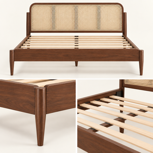 Cane Panel Wooden Bed in teak wood — close-up of footboard