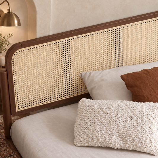 Cane Panel Wooden Bed in teak wood — close-up of headboard
