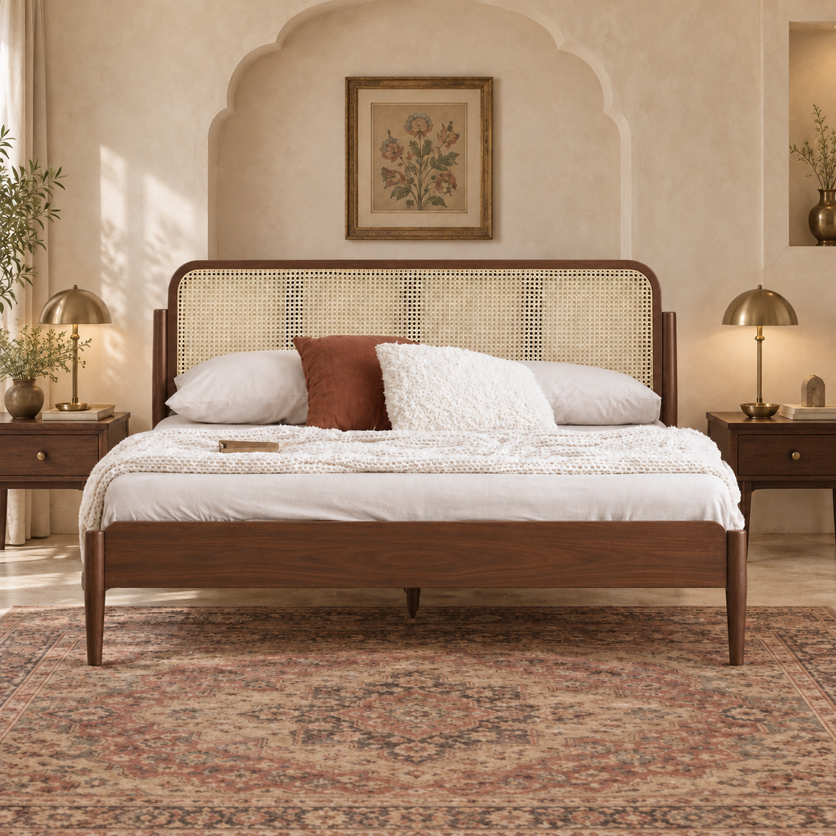 Cane Panel Wooden Bed in teak wood — front view styled in bedroom