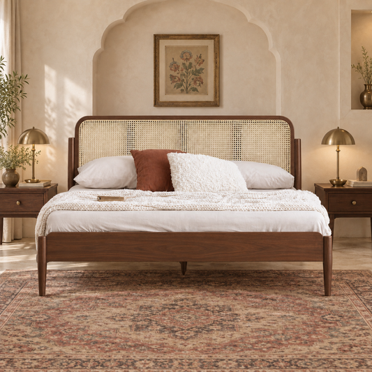 Cane Panel Wooden Bed in teak wood — front view styled in bedroom
