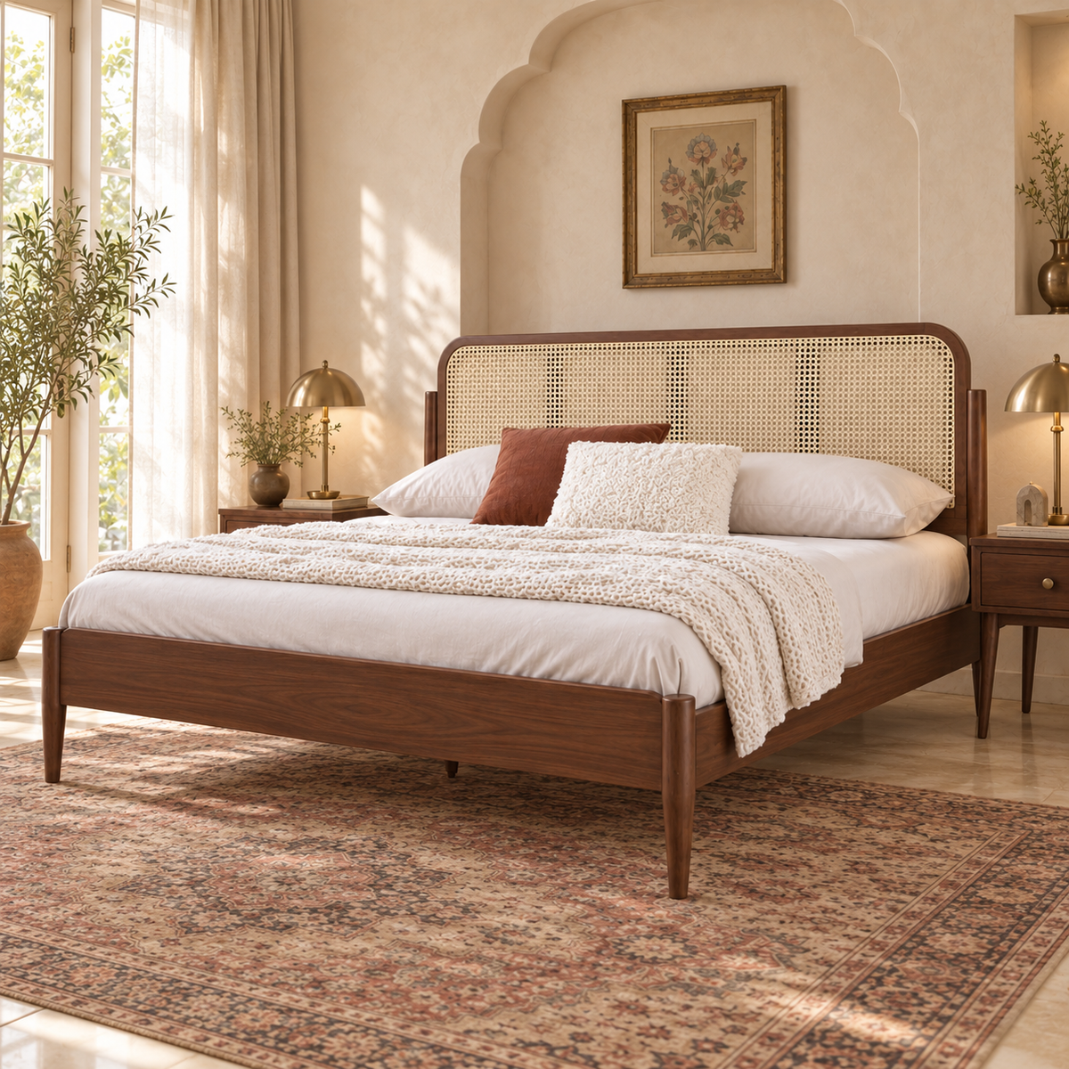Cane Panel Wooden Bed in teak wood — side view styled in bedroom