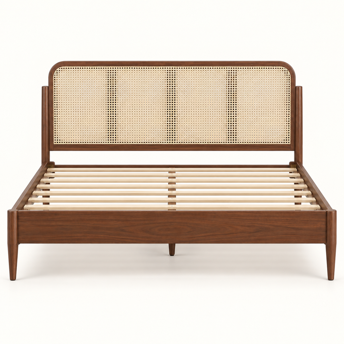 Cane Panel Wooden Bed in teak wood — front studio view of bare frame