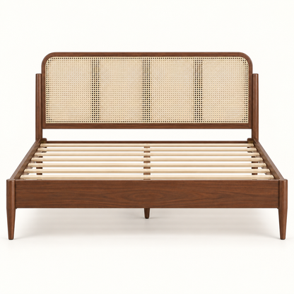 Cane Panel Wooden Bed in teak wood — front studio view of bare frame