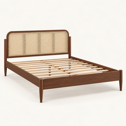 Cane Panel Wooden Bed in teak wood — side studio view of bare frame