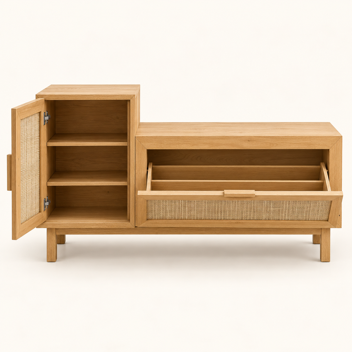Cane shoe rack showing three shelves and tilt-out storage