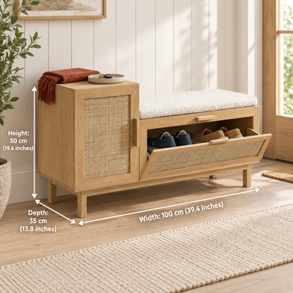 Cane shoe rack measuring 100 cm wide, 35 cm deep and 50 cm high