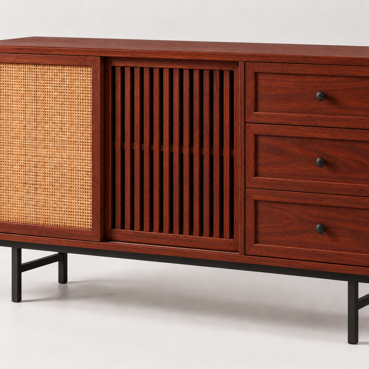 Cane and Slatted Wooden Sideboard with Three Drawers in rich mahogany finish – material and detail close-up
