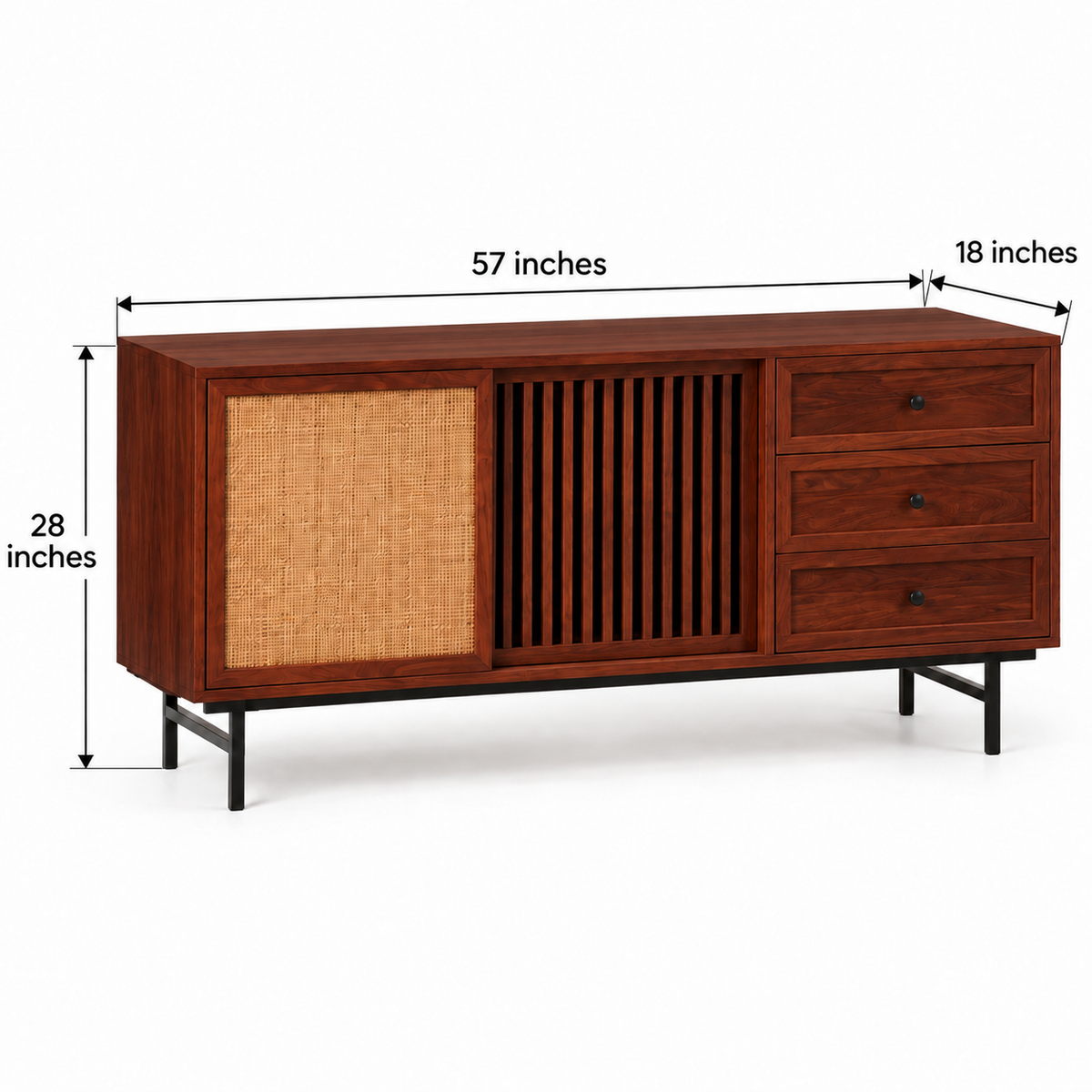 Cane and Slatted Wooden Sideboard with Three Drawers in rich mahogany finish – dimensions 57 × 18 × 28 inches, width × depth × height