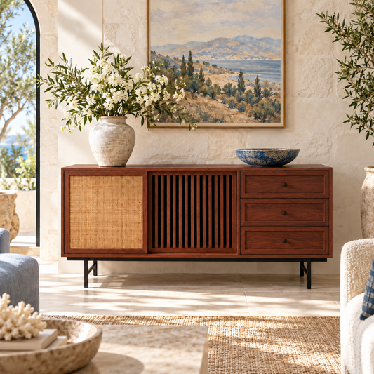 Cane and Slatted Wooden Sideboard with Three Drawers in rich mahogany finish – lifestyle setting