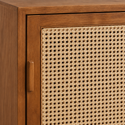 Cane Wooden Sideboard with Metal Legs in warm brown finish – material and detail close-up