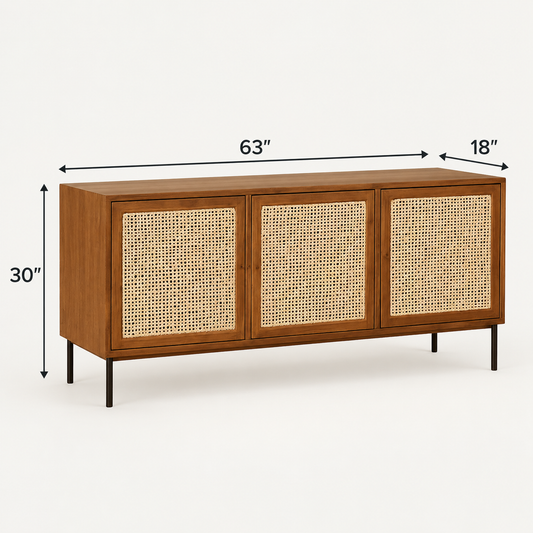 Cane Wooden Sideboard with Metal Legs in warm brown finish – dimensions 63 × 18 × 30 inches, width × depth × height