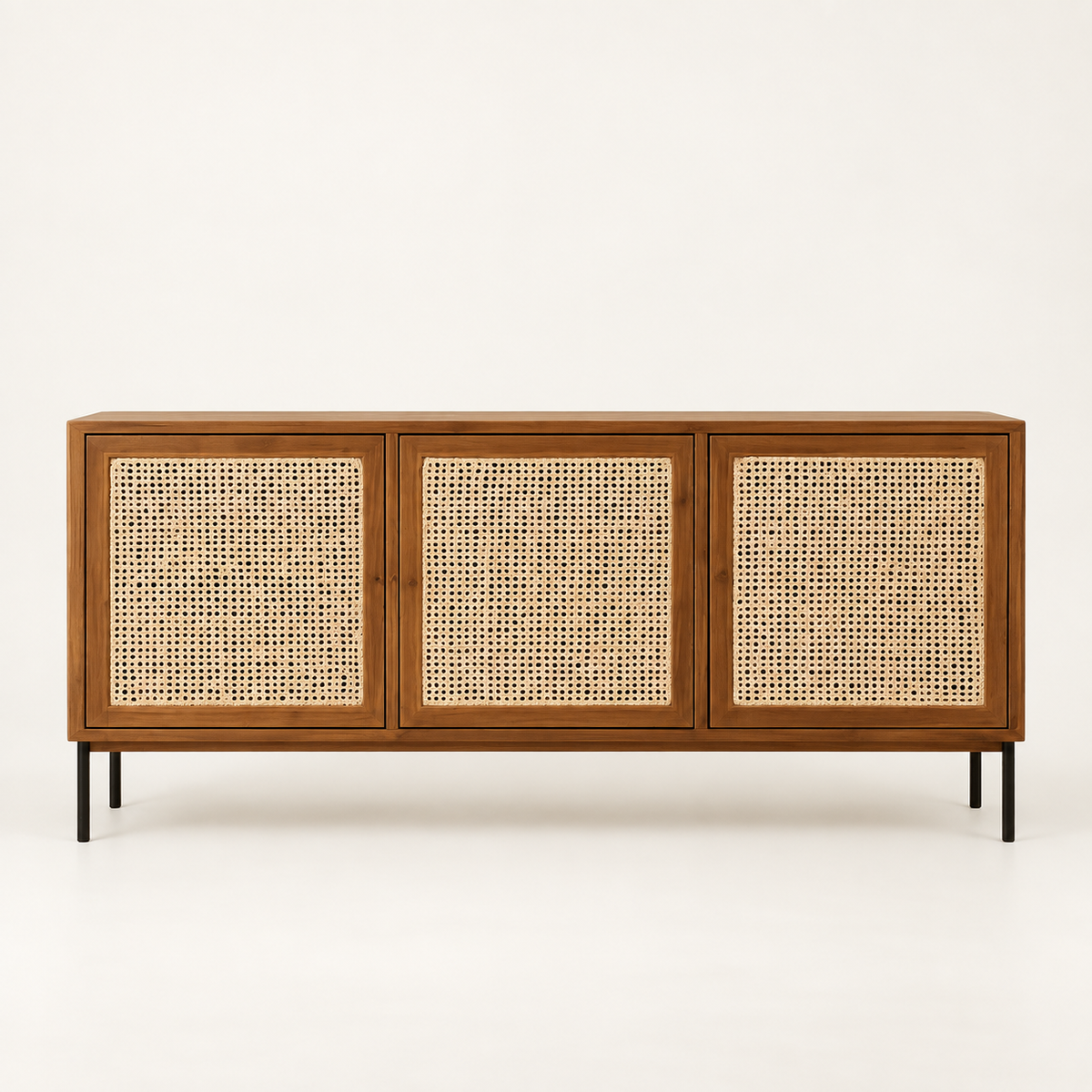 Cane Wooden Sideboard with Metal Legs in warm brown finish – front studio view