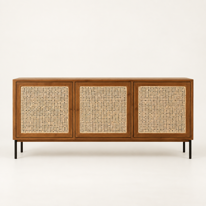 Cane Wooden Sideboard with Metal Legs in warm brown finish – front studio view