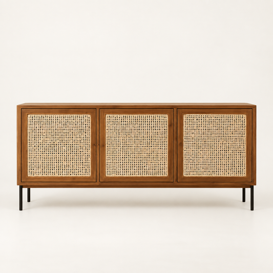 Cane Wooden Sideboard with Metal Legs in warm brown finish – front studio view